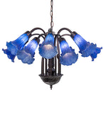 24"W Blue Tiffany Pond Lily 12 Lt Chandelier