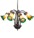 24"W Amber/Green Pond Lily Tiffany Pond Lily 7 Lt Chandelier