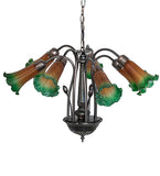 24"W Amber/Green Pond Lily Tiffany Pond Lily 7 Lt Chandelier