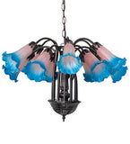 24"W Pink/Blue Tiffany Pond Lily 12 Lt Chandelier
