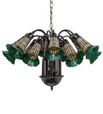 24"W Stained Glass Amber & Green Pond Lily 12 Lt Chandelier