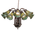 24"W Stained Glass Yellow & Green Pond Lily 12 Lt Chandelier