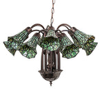 24"W Stained Glass Yellow & Green Pond Lily 12 Lt Chandelier
