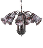 24"W Stained Glass Pink Pond Lily 12 Lt Chandelier