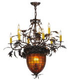 34"W Greenbriar Oak 9 Arm Tiffany Lodge Chandelier