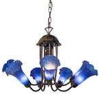 24"W Blue Tiffany Pond Lily 7 Lt Chandelier