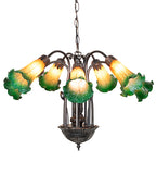 24"W Amber/Green Pond Lily Tiffany Pond Lily 7 Lt Chandelier
