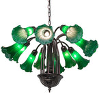 24"W Green Tiffany Pond Lily 12 Lt Chandelier