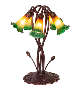 17"H Amber/Green Tiffany Pond Lily 5 Lt Accent Lamp