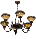 33"W Tiffany Jeweled Peacock 6 Lt Victorian Chandelier