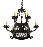Black wrought iron chandelier with five candle-style lights, featuring decorative scrollwork and floral accents on a white background.