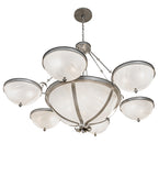 A multi-light chandelier with a brushed silver metal frame and six oval-shaped frosted glass shades, suspended from a matching ceiling canopy by a chain.
