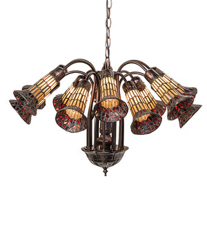 24"W Stained Glass Amber & Red Pond Lily 12 Lt Chandelier