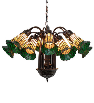 24"W Stained Glass Amber & Green Pond Lily 12 Lt Chandelier