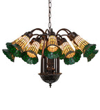 24"W Stained Glass Amber & Green Pond Lily 12 Lt Chandelier