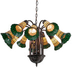 24"W Stained Glass Amber & Green Pond Lily 12 Lt Chandelier