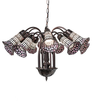 24"W Stained Glass Pink & White Pond Lily 12 Lt Chandelier