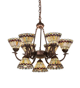 33"W Tiffany Jeweled Peacock 9 Lt Chandelier