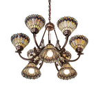 33"W Tiffany Jeweled Peacock 9 Lt Chandelier