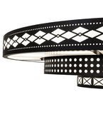 A close-up of a modern black metal ceiling light fixture with geometric cutout patterns, including diamonds and dots, shown against a plain white background.