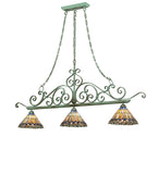 68"L Tiffany Jeweled Peacock Georgia Scroll 3 Lt Island Pendant