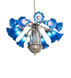 24"W Blue Tiffany Pond Lily 12 Lt Chandelier