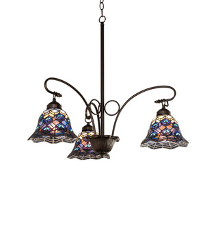 32"W Tiffany Peacock Feather 3 Lt Chandelier
