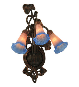 10.5"W Tiffany Pink/Blue Pond Lily 3 Lt Victorian Wall Sconce