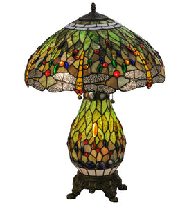 25"H Tiffany Hanginghead Dragonfly Lit Base Table Lamp