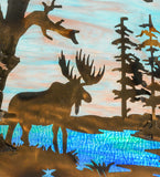 72"W X 30"H Moose At Lake 3 Panel Stained Glass Window
