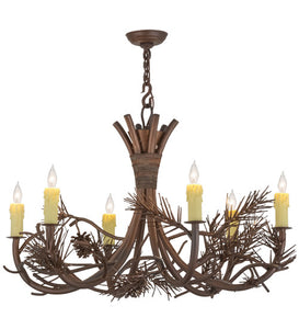 36"W Woodland Pine 6 Lt Rustic Chandelier