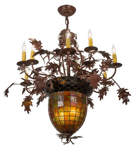 34"W Greenbriar Oak 9 Arm Stained Glass Lodge Chandelier