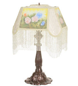 18"H Reverse Painted Roses Fabric With Fringe Accent Lamp