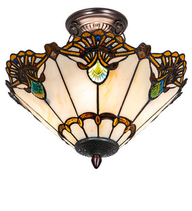 16"W Shell with Jewels Stained Glass Semi-Flushmount