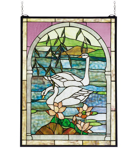 22"W X 30"H Tiffany Swans Landscape Stained Glass Window