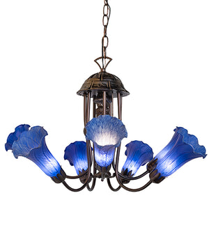 24"W Blue Tiffany Pond Lily 7 Lt Chandelier