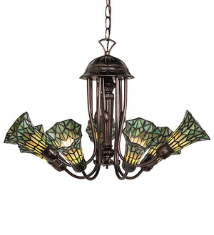 24"W Stained Glass Green Pond Lily 7 Lt Chandelier