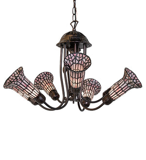 24"W Stained Glass Pink Pond Lily 7 Lt Chandelier