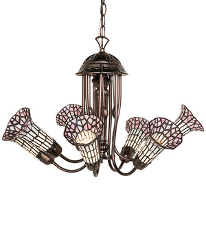 24"W Stained Glass Pink & White Pond Lily 7 Lt Chandelier