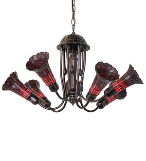 24"W Stained Glass Ruby Red  Pond Lily 7 Lt Chandelier