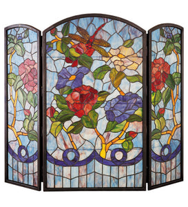 40"W X 34"H Dragonfly Flower Folding Stained Glass Fireplace Screen