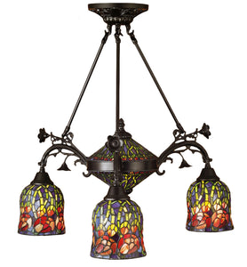 29"W Red Rosebud 3 Arm Stained Glass Chandelier