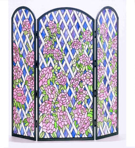 40"W X 34"H Rose Trellis Stained Glass Folding Fireplace Screen