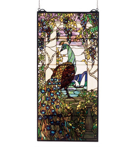 19"W X 40"H Tiffany Peacock Wisteria Stained Glass Window