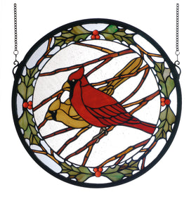 15"W X 15"H Cardinals & Holly Medallion Stained Glass Window