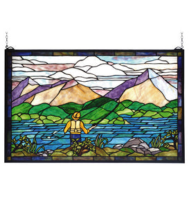 30"W X 19"H Fly Fishing Landscape Stained Glass Window 73649