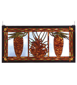 36"W X 18"H Northwoods Pinecone Stained Glass Window