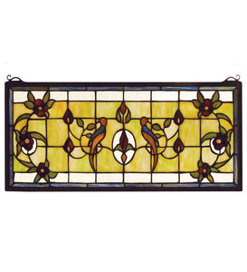 22"W X 10"H Lancaster Floral Wildlife Stained Glass Window